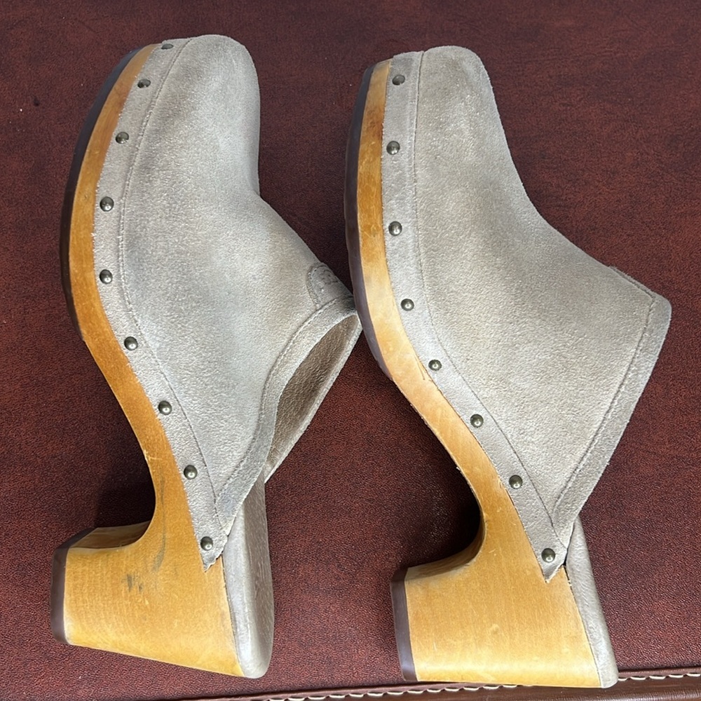 UGG Cream Suede Clog Heels with Wood Platform - Picture 9 of 13